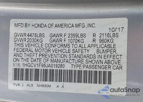 2018 Honda Accord Touring from USA, damaged, VIN 1HGCV1F95JA019280